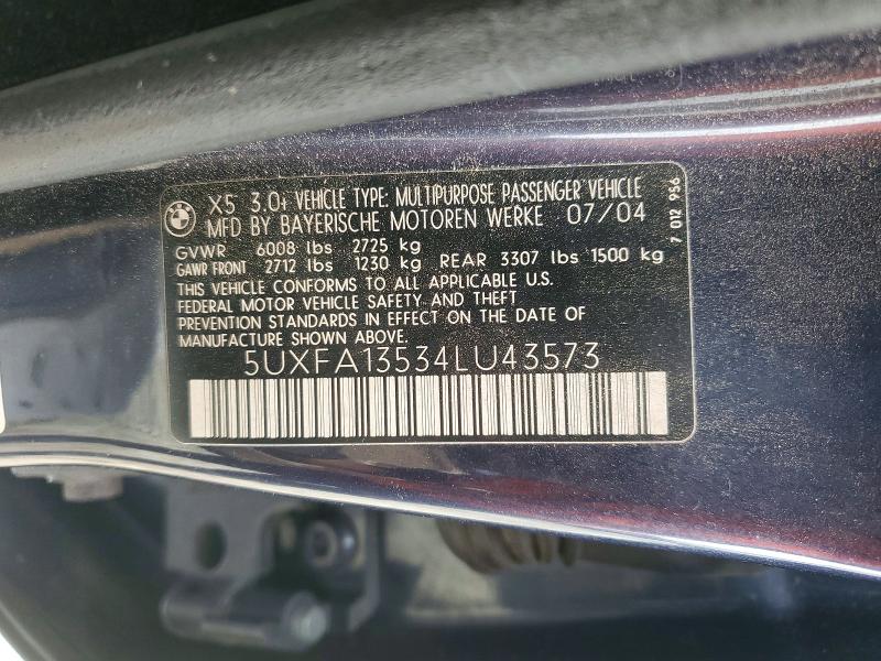 78835075 :رقم المزاد ، 5UXFA13534LU43573 vin ، 2004 Bmw X5 مزاد بيع