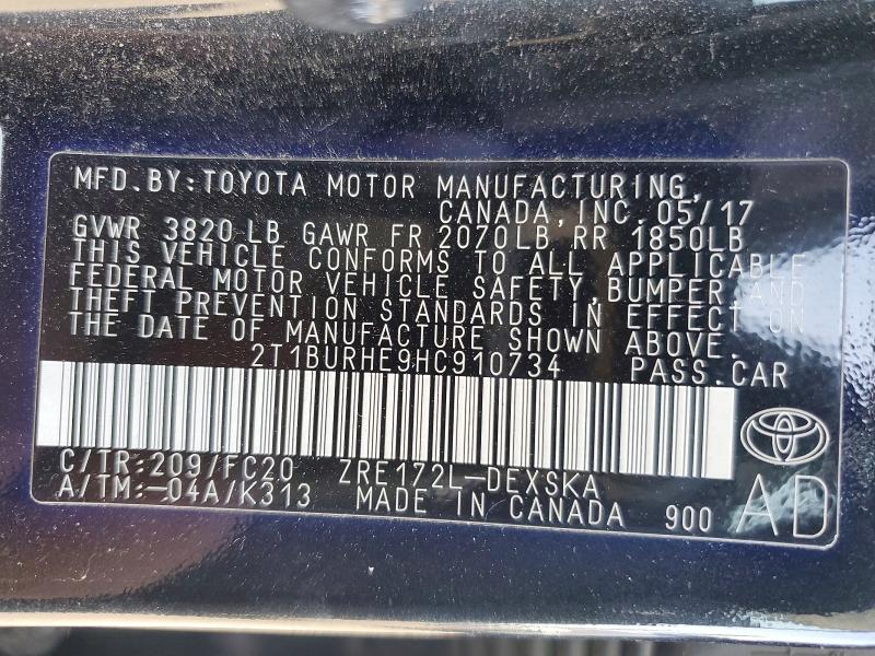 2017 Toyota Corolla მანქანა იყიდება აუქციონზე, vin: 2T1BURHE9HC910734, აუქციონის ნომერი: 42015566