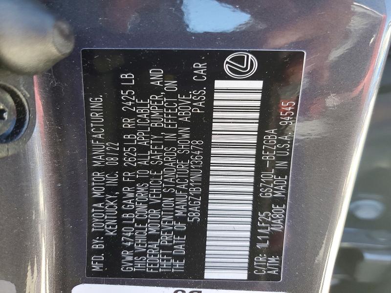 Aukcja sprzedaży 2022 Lexus Es 350, vin: 58AGZ1B11NU136478, numer aukcji: 42037866