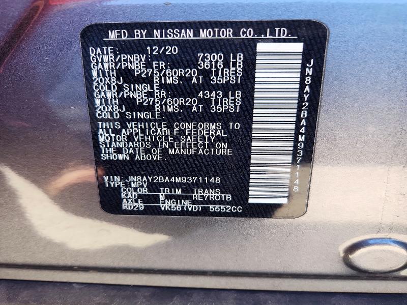 Aukcja sprzedaży 2021 Nissan Armada, vin: JN8AY2BA4M9371148, numer aukcji: 46812586
