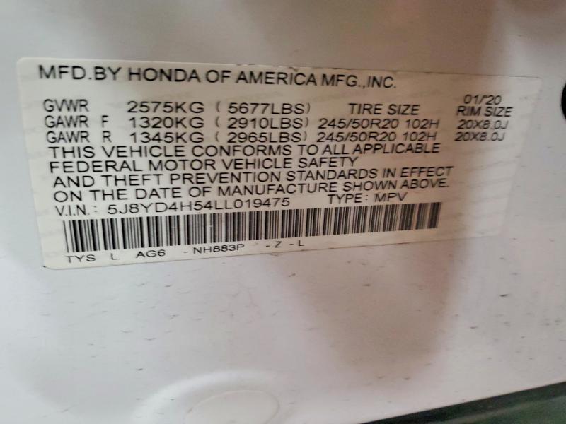 Aukcja sprzedaży 2020 Acura Mdx, vin: 5J8YD4H54LL019475, numer aukcji: 45512916