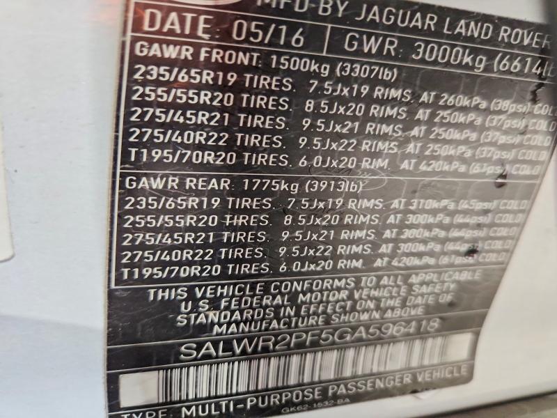 Продаж на аукціоні авто 2016 Land Rover Range Rover Sport, vin: SALWR2PF5GA596418, номер лоту: 79728915