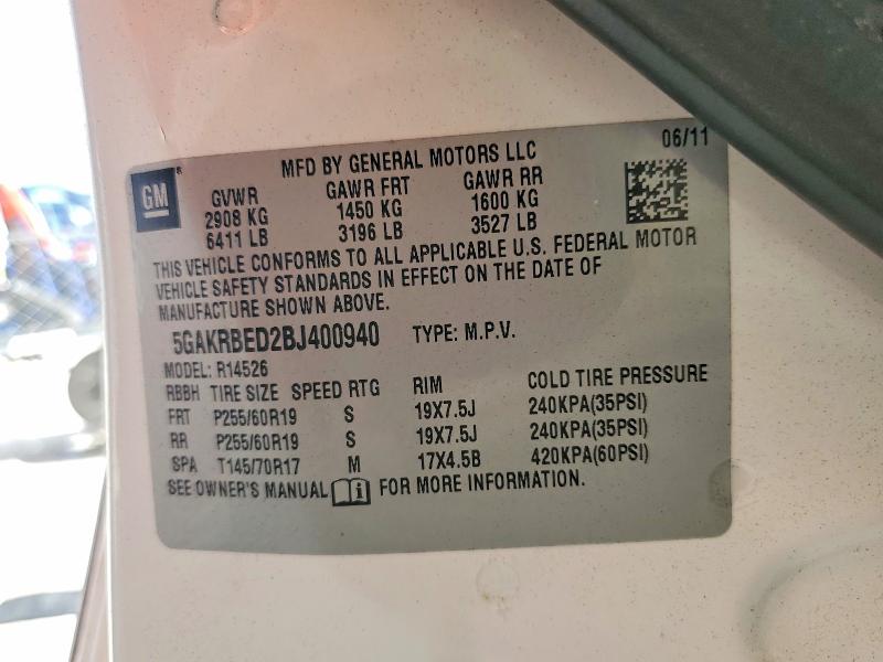 Auction sale of the 2011 Buick Enclave, vin: 5GAKRBED2BJ400940, lot number: 78877625