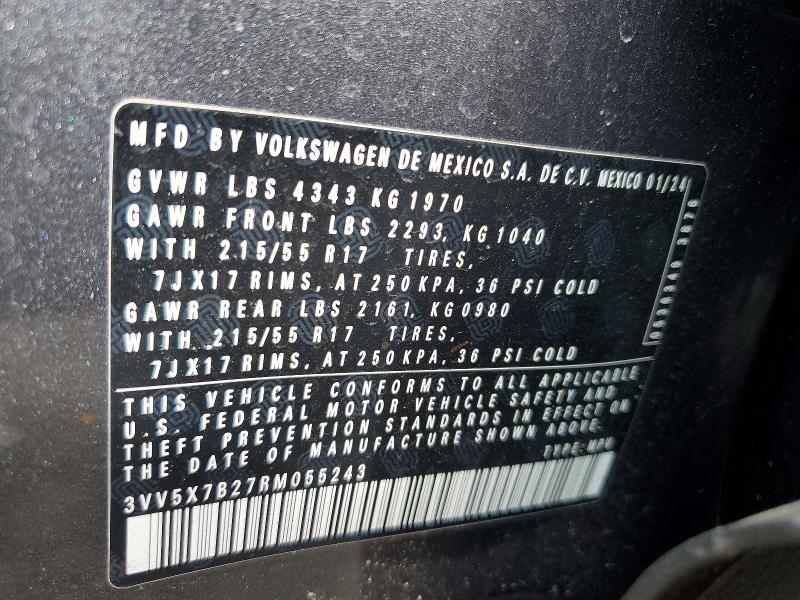 47593126 :رقم المزاد ، 3VV5X7B27RM055243 vin ، 2024 Volkswagen Taos مزاد بيع
