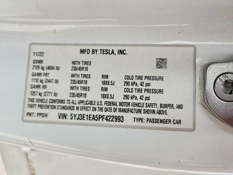 Продажа на аукционе авто 2023 Tesla Model 3, vin: 5YJ3E1EA5PF422993, номер лота: 46613096