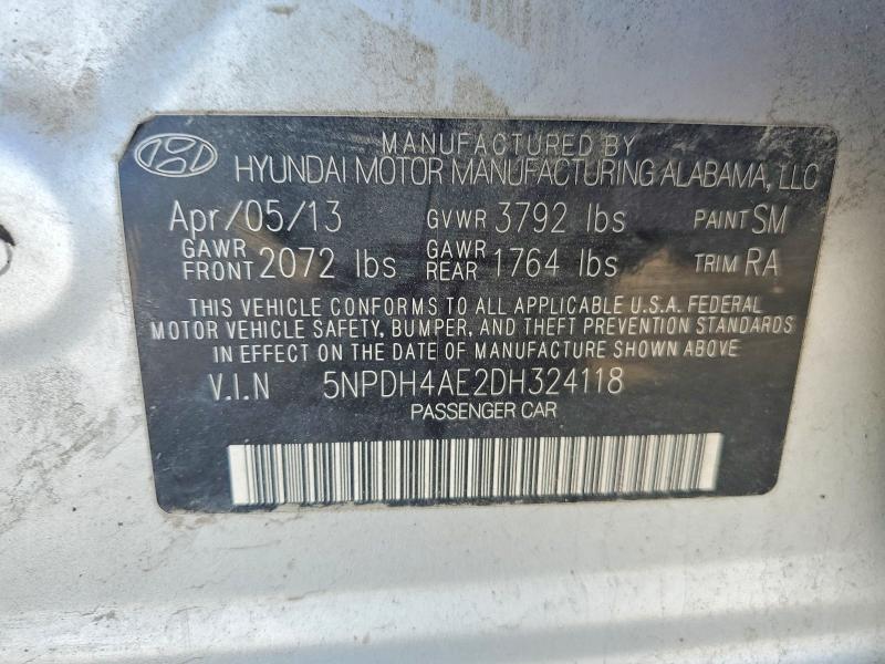 2013 Hyundai Elantra მანქანა იყიდება აუქციონზე, vin: 5NPDH4AE2DH324118, აუქციონის ნომერი: 46522826