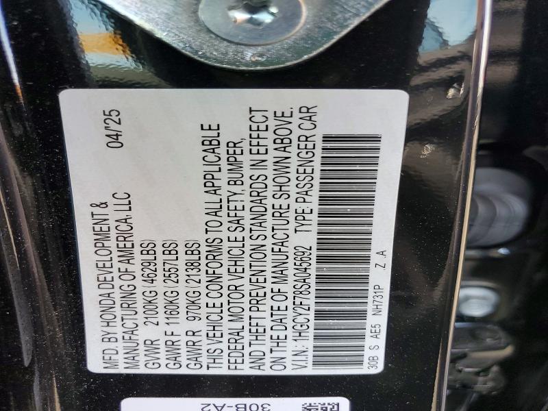 47998686 :رقم المزاد ، 1HGCY2F78SA045692 vin ، 2025 Honda Accord مزاد بيع
