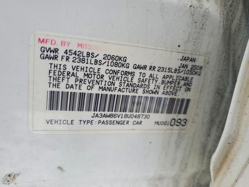 Продаж на аукціоні авто 2008 Mitsubishi Lancer, vin: JA3AW86V18U048730, номер лоту: 46236046