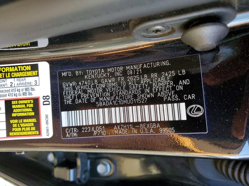 Продаж на аукціоні авто 2021 Lexus Es 300h, vin: 58ADA1C10MU011527, номер лоту: 47626156