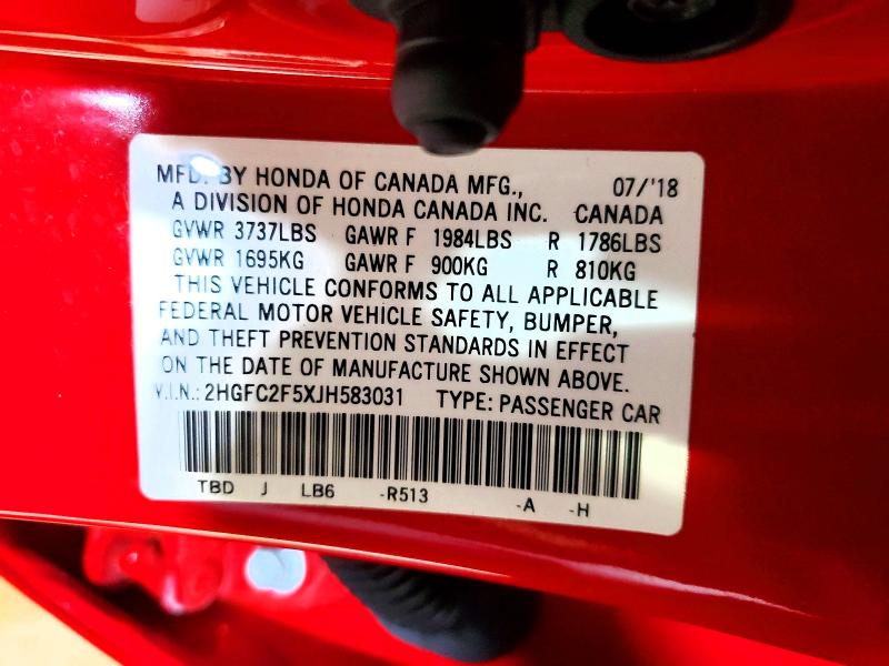 Продажа на аукционе авто 2018 Honda Civic, vin: 2HGFC2F5XJH583031, номер лота: 79745265