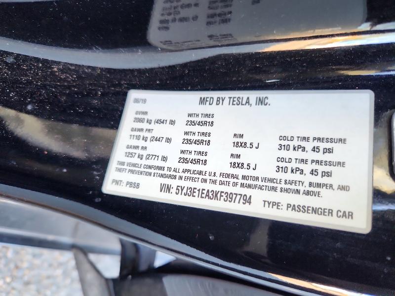 2019 Tesla Model 3 მანქანა იყიდება აუქციონზე, vin: 5YJ3E1EA3KF397794, აუქციონის ნომერი: 45866876