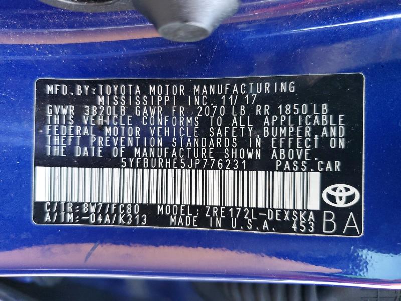 Aukcja sprzedaży 2018 Toyota Corolla, vin: 5YFBURHE5JP776231, numer aukcji: 48101596