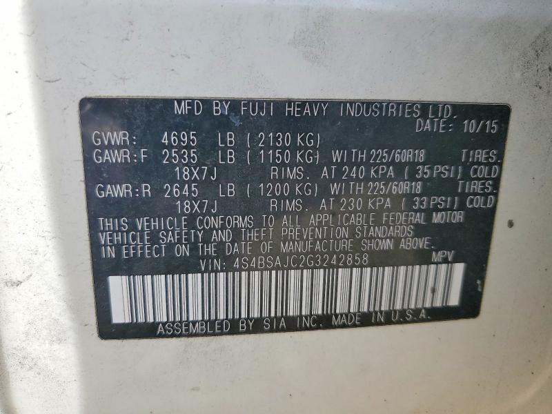 Aukcja sprzedaży 2016 Subaru Outback, vin: 4S4BSAJC2G3242858, numer aukcji: 79246165