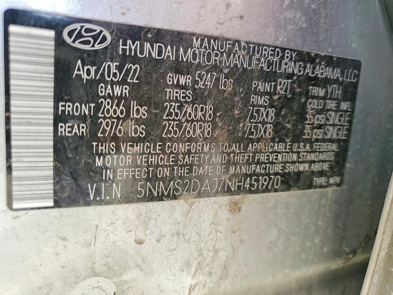 45504946 :رقم المزاد ، 5NMS2DAJ7NH451970 vin ، 2022 Hyundai Santa Fe مزاد بيع