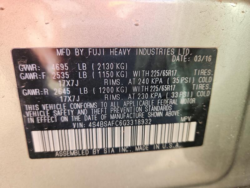 2016 Subaru Outback მანქანა იყიდება აუქციონზე, vin: 4S4BSAFC6G3318932, აუქციონის ნომერი: 46372906