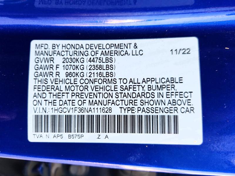 Aukcja sprzedaży 2022 Honda Accord, vin: 1HGCV1F36NA111628, numer aukcji: 48105806