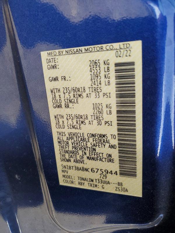 Продаж на аукціоні авто 2022 Nissan Rogue, vin: 5N1BT3BA8NC675944, номер лоту: 47924686