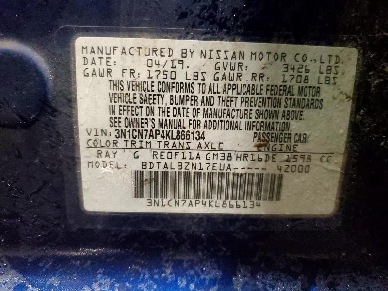 Aukcja sprzedaży 2019 Nissan Versa, vin: 3N1CN7AP4KL866134, numer aukcji: 45802256