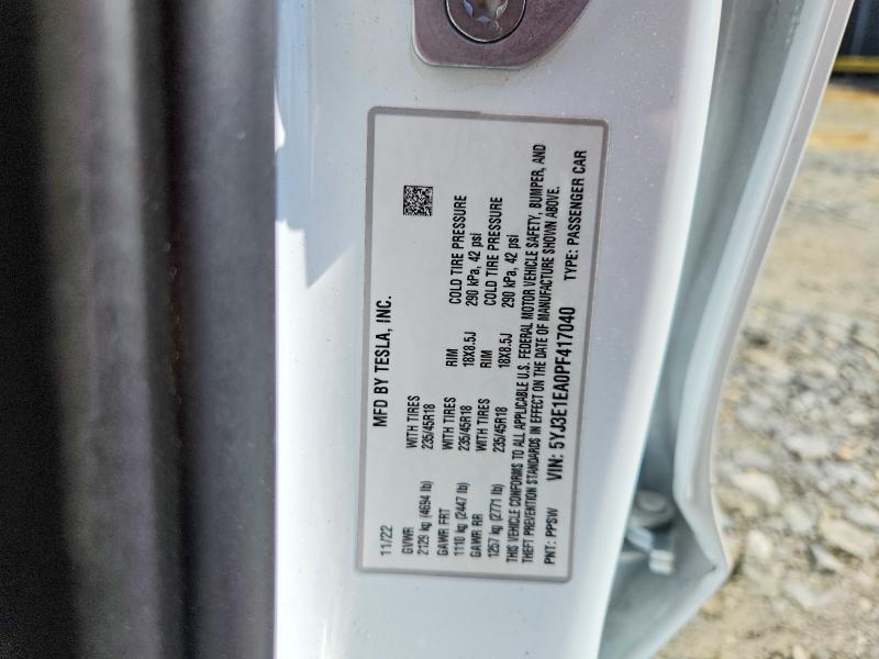 47610606 :رقم المزاد ، 5YJ3E1EA0PF417040 vin ، 2023 Tesla Model 3 مزاد بيع