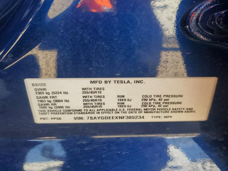 46727646 :رقم المزاد ، 7SAYGDEEXNF385234 vin ، 2022 Tesla Model Y مزاد بيع