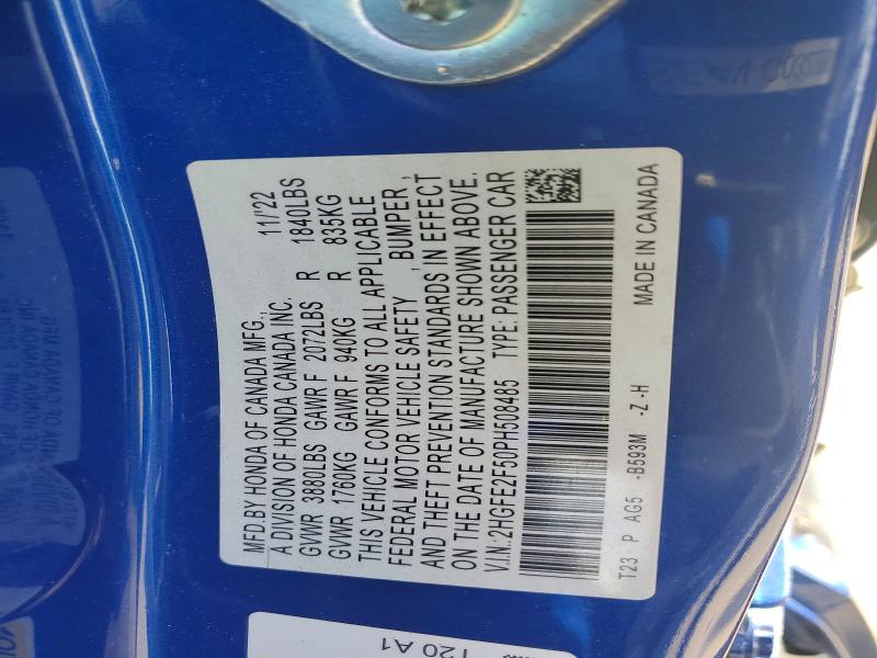 Продаж на аукціоні авто 2023 Honda Civic, vin: 2HGFE2F50PH508485, номер лоту: 78341505