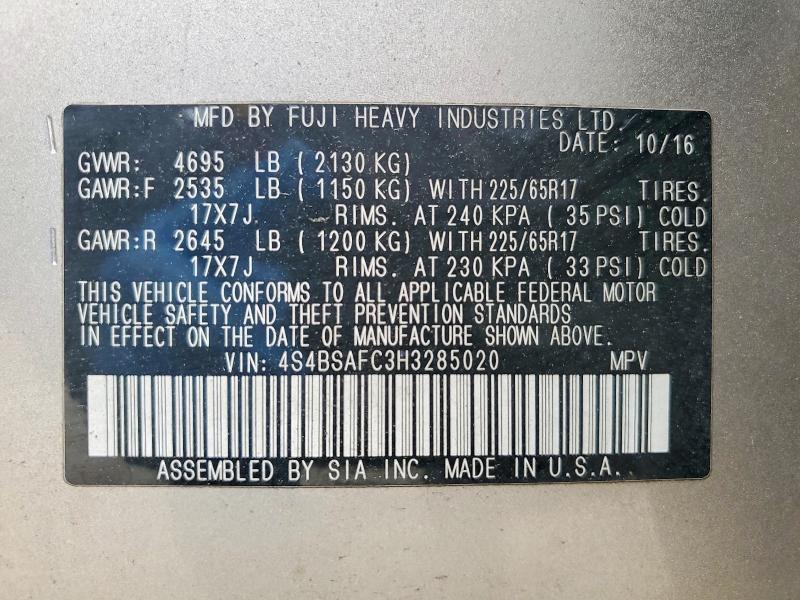 Продажа на аукционе авто 2017 Subaru Outback, vin: 4S4BSAFC3H3285020, номер лота: 47365816