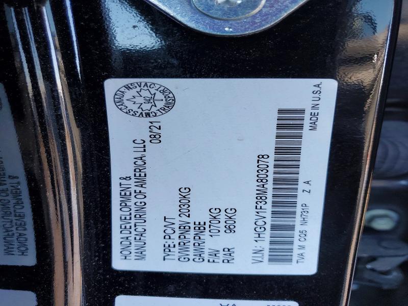 79523335 :رقم المزاد ، 1HGCV1F38MA803078 vin ، 2021 Honda Accord مزاد بيع