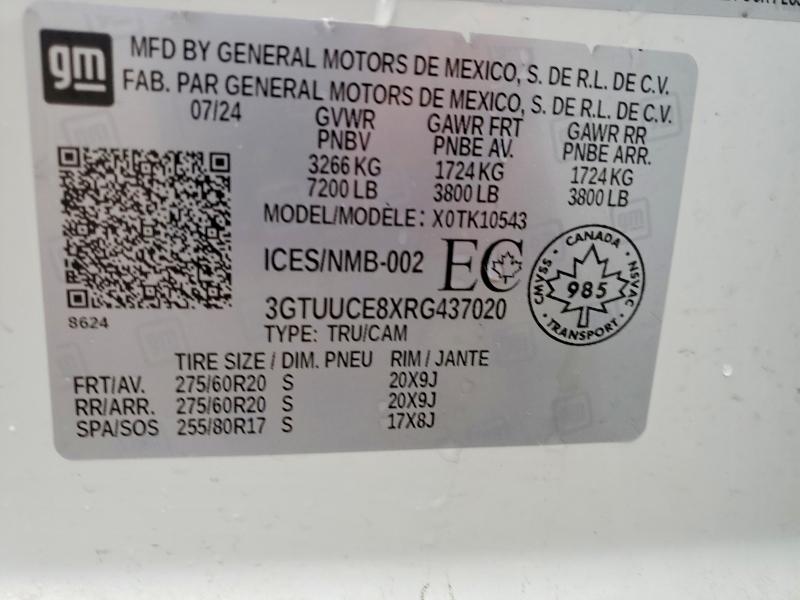 2024 Gmc Sierra მანქანა იყიდება აუქციონზე, vin: 3GTUUCE8XRG437020, აუქციონის ნომერი: 45802926