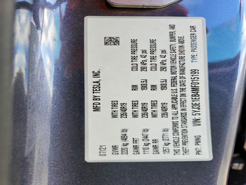 2021 Tesla Model 3 მანქანა იყიდება აუქციონზე, vin: 5YJ3E1EB4MF015199, აუქციონის ნომერი: 45705046