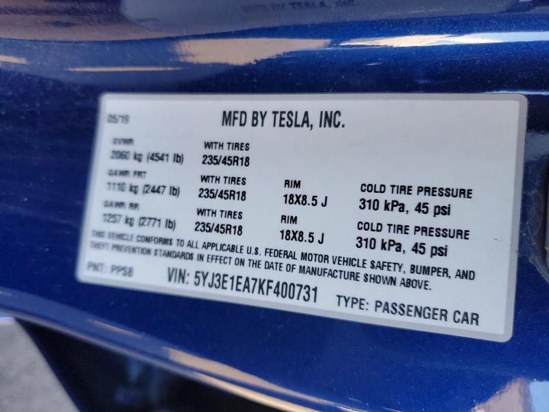 41964446 :رقم المزاد ، 5YJ3E1EA7KF400731 vin ، 2019 Tesla Model 3 مزاد بيع