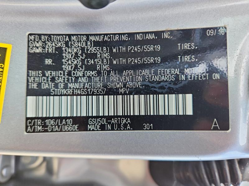 Aukcja sprzedaży 2016 Toyota Highlander, vin: 5TDYKRFH4GS179357, numer aukcji: 46336016