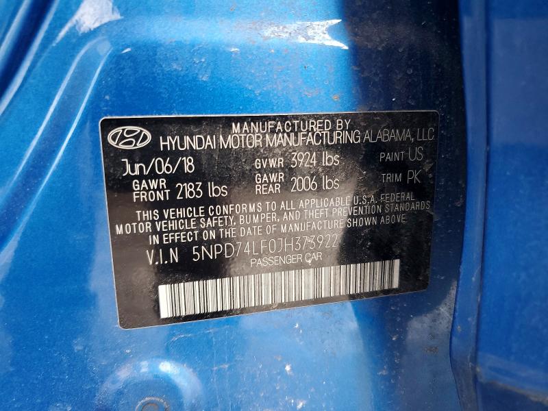 2018 Hyundai Elantra მანქანა იყიდება აუქციონზე, vin: 5NPD74LF0JH373922, აუქციონის ნომერი: 41764216
