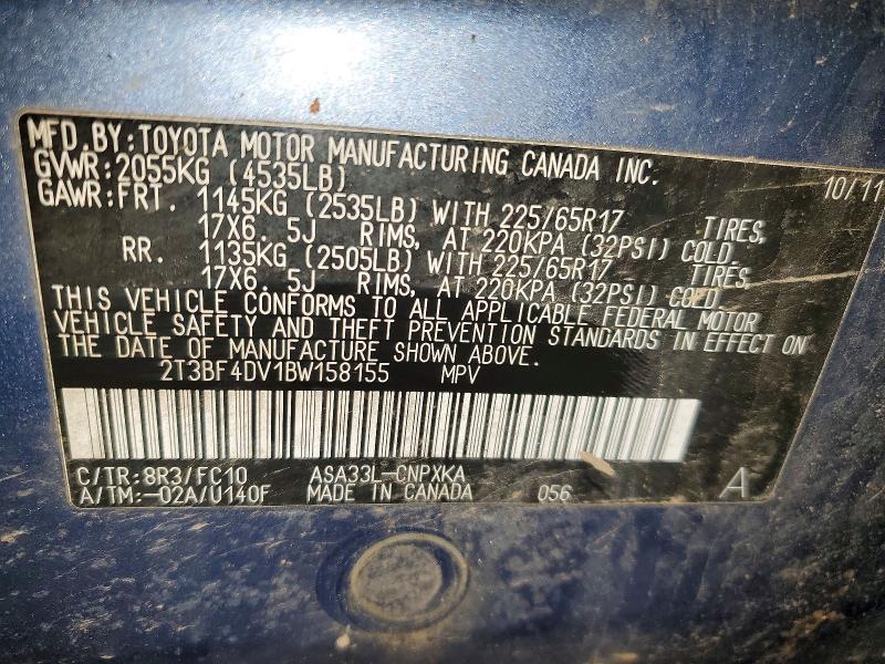 2011 Toyota Rav4 მანქანა იყიდება აუქციონზე, vin: 2T3BF4DV1BW158155, აუქციონის ნომერი: 46499866