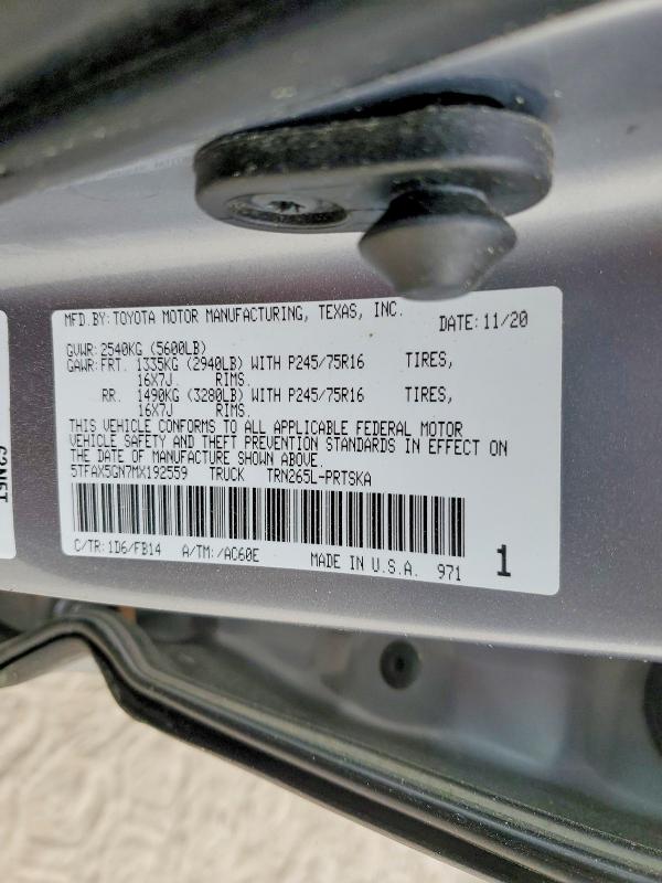 47443946 :رقم المزاد ، 5TFAX5GN7MX192559 vin ، 2021 Toyota Tacoma مزاد بيع