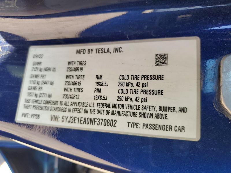 Продажа на аукционе авто 2022 Tesla Model 3, vin: 5YJ3E1EA0NF370802, номер лота: 46378626
