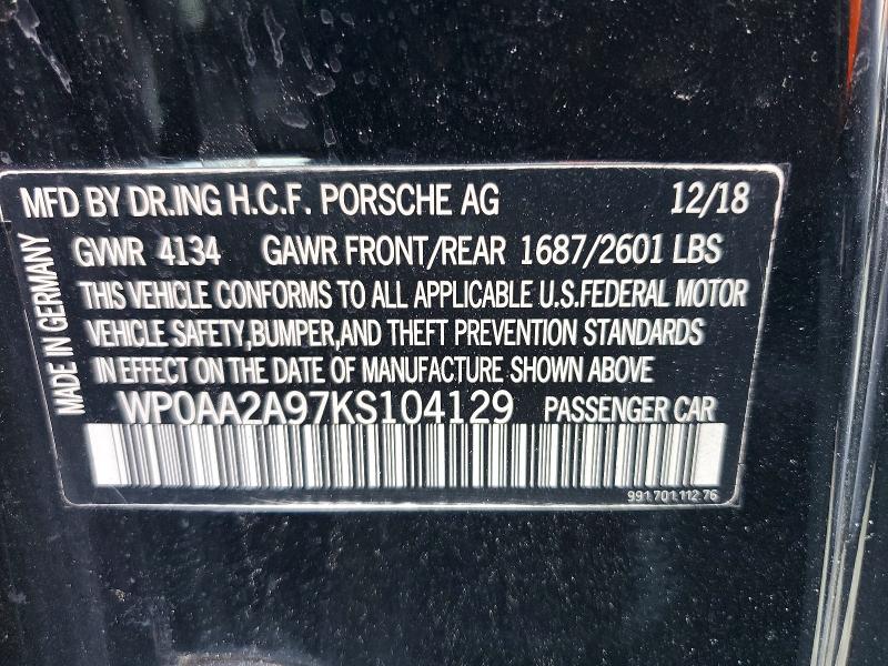 47127206 :رقم المزاد ، WP0AA2A97KS104129 vin ، 2019 Porsche 911 مزاد بيع