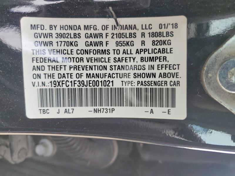 2018 Honda Civic მანქანა იყიდება აუქციონზე, vin: 19XFC1F39JE001021, აუქციონის ნომერი: 46895596