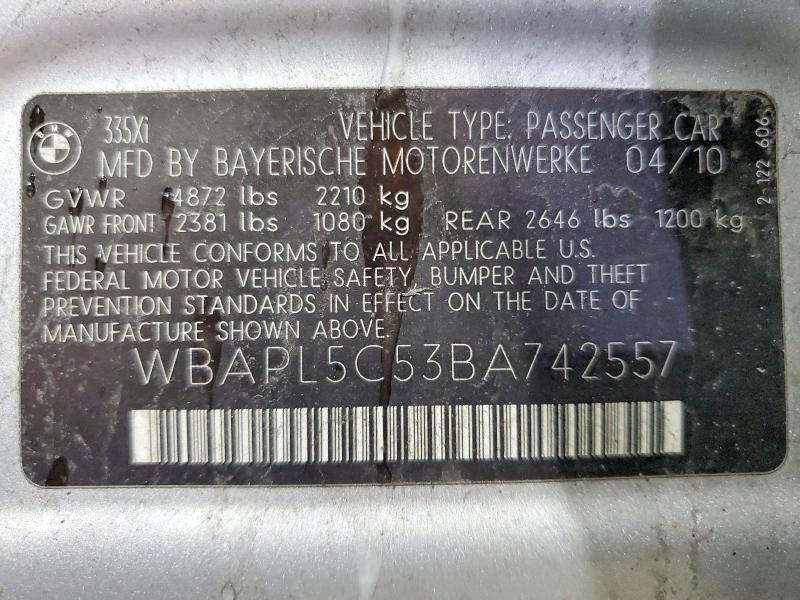 Aukcja sprzedaży 2011 Bmw 335, vin: WBAPL5C53BA742557, numer aukcji: 78619475
