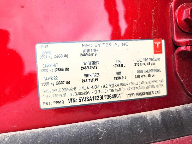 76513825 :رقم المزاد ، 5YJSA1E29LF364901 vin ، 2020 Tesla Model S مزاد بيع