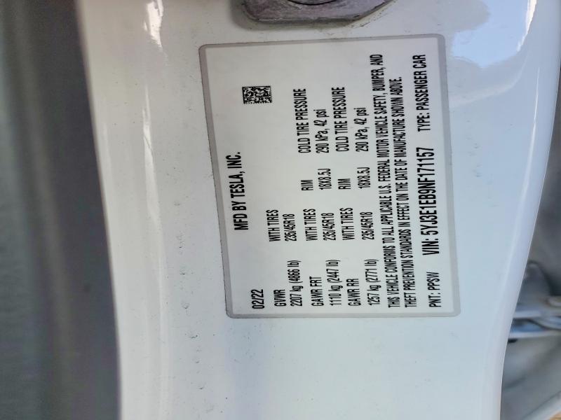 47589016 :رقم المزاد ، 5YJ3E1EB9NF171157 vin ، 2022 Tesla Model 3 مزاد بيع