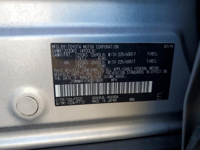 48961636 :رقم المزاد ، JTMMWRFV1KD518041 vin ، 2019 Toyota Rav4 Hybd مزاد بيع