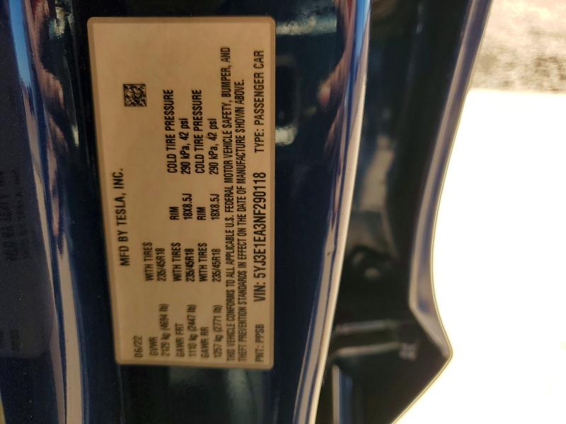 2022 Tesla Model 3 მანქანა იყიდება აუქციონზე, vin: 5YJ3E1EA3NF290118, აუქციონის ნომერი: 41915476