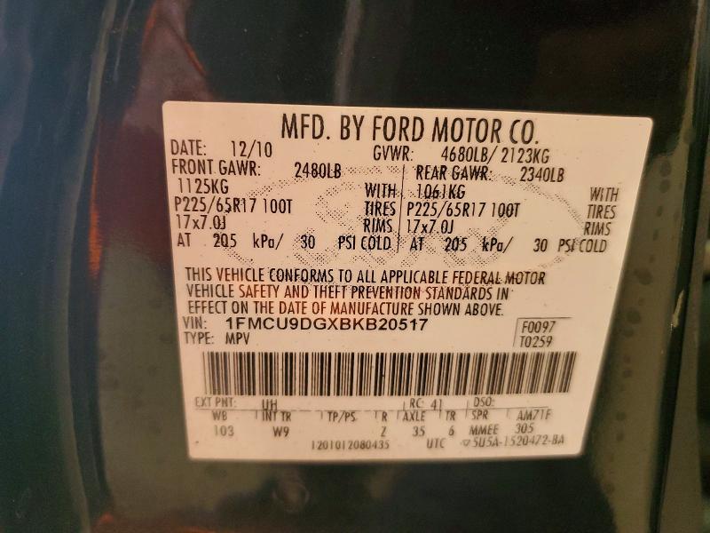 2011 Ford Escape მანქანა იყიდება აუქციონზე, vin: 1FMCU9DGXBKB20517, აუქციონის ნომერი: 79020945