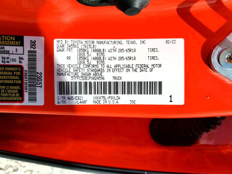 47727246 :رقم المزاد ، 5TFPC5DB1PX024596 vin ، 2023 Toyota Tundra مزاد بيع