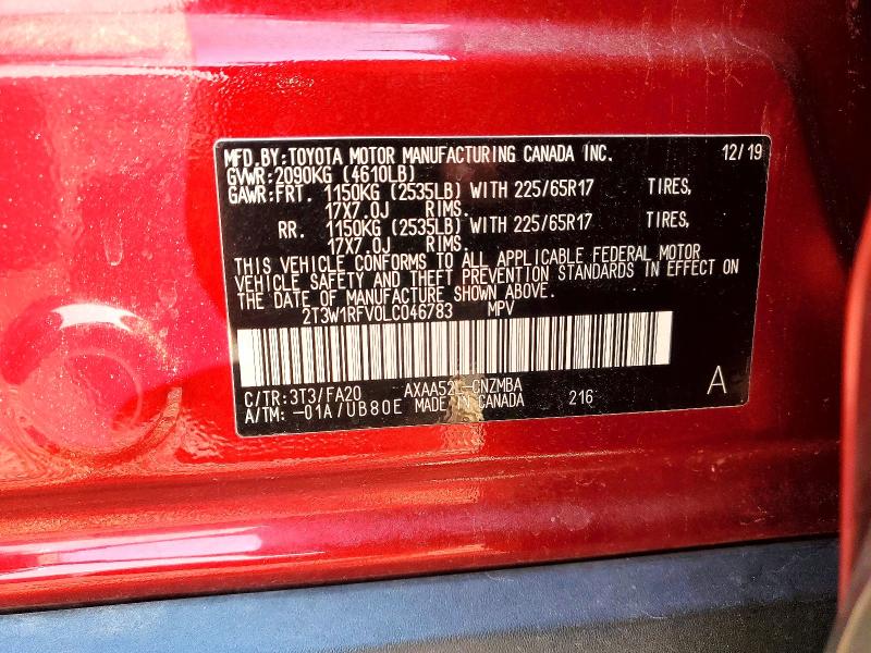 Aukcja sprzedaży 2020 Toyota Rav4, vin: 2T3W1RFV0LC046783, numer aukcji: 79370155