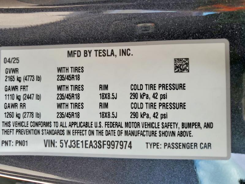 Aukcja sprzedaży 2025 Tesla Model 3, vin: 5YJ3E1EA3SF997974, numer aukcji: 47976866