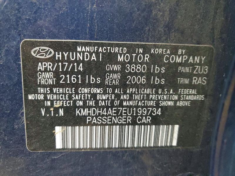 2014 Hyundai Elantra მანქანა იყიდება აუქციონზე, vin: KMHDH4AE7EU199734, აუქციონის ნომერი: 41776326