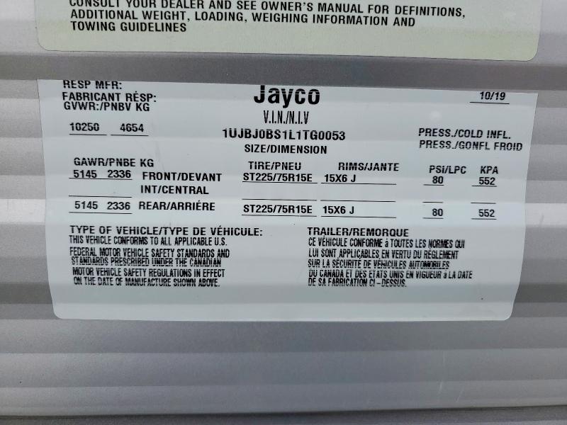 46887646 :رقم المزاد ، 1UJBJ0BS1L1TG0053 vin ، 2020 Jayco Inc Trailers مزاد بيع