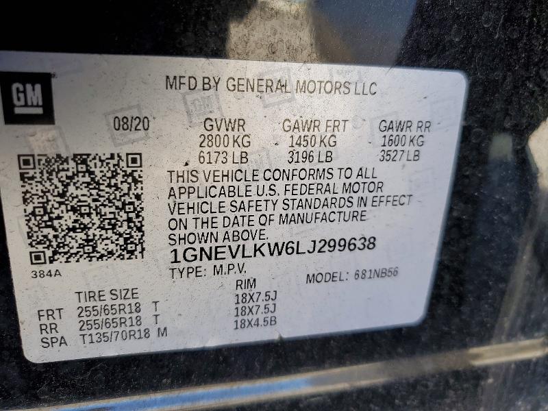 47276686 :رقم المزاد ، 1GNEVLKW6LJ299638 vin ، 2020 Chevrolet Traverse مزاد بيع