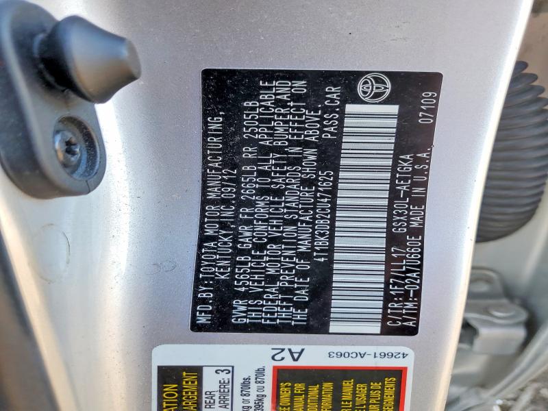 78735505 :رقم المزاد ، 4T1BK3DB2CU471625 vin ، 2012 Toyota Avalon مزاد بيع